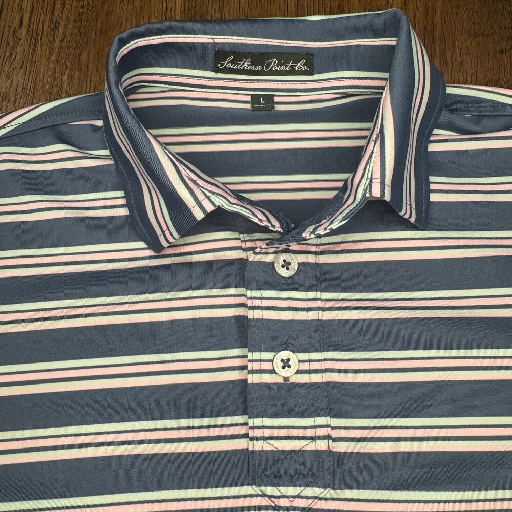 Southern Point Co. Boys LARGE blue, mint, and pink striped polo casual